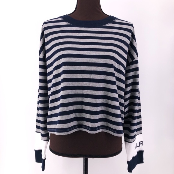 Tommy Hilfiger Tops - TOMMY HILFIGER Striped Long Sleeve Cropped Tee Blue Size L
